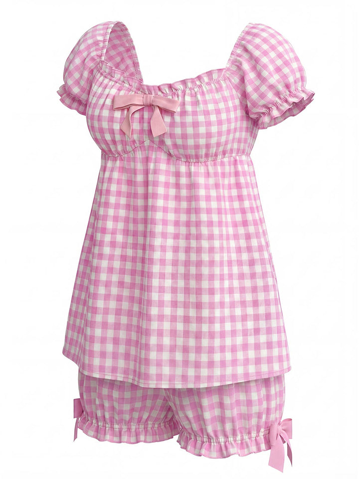 Pink Bow Gingham Ruffle Pajama Set - vintage fashion, retro style