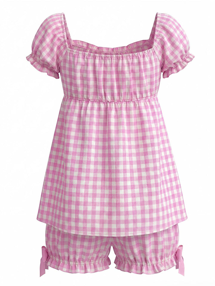 Pink Bow Gingham Ruffle Pajama Set - vintage fashion, retro style