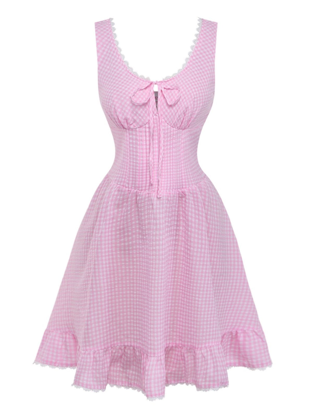 Pink 1960s Bow Lace Gingham Lace-up Dress: beautiful vintage dress, retro fashion, elegant style with timeless appeal