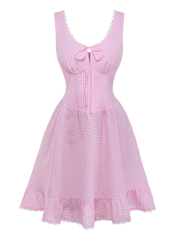 Pink 1960s Bow Lace Gingham Lace-up Dress: beautiful vintage dress, retro fashion, elegant style with timeless appeal