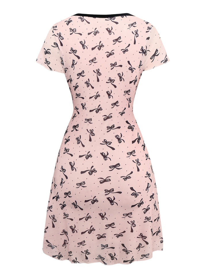 Pink 1960s Bow Print V-Neck Mesh Dress - vintage dress, retro fashion