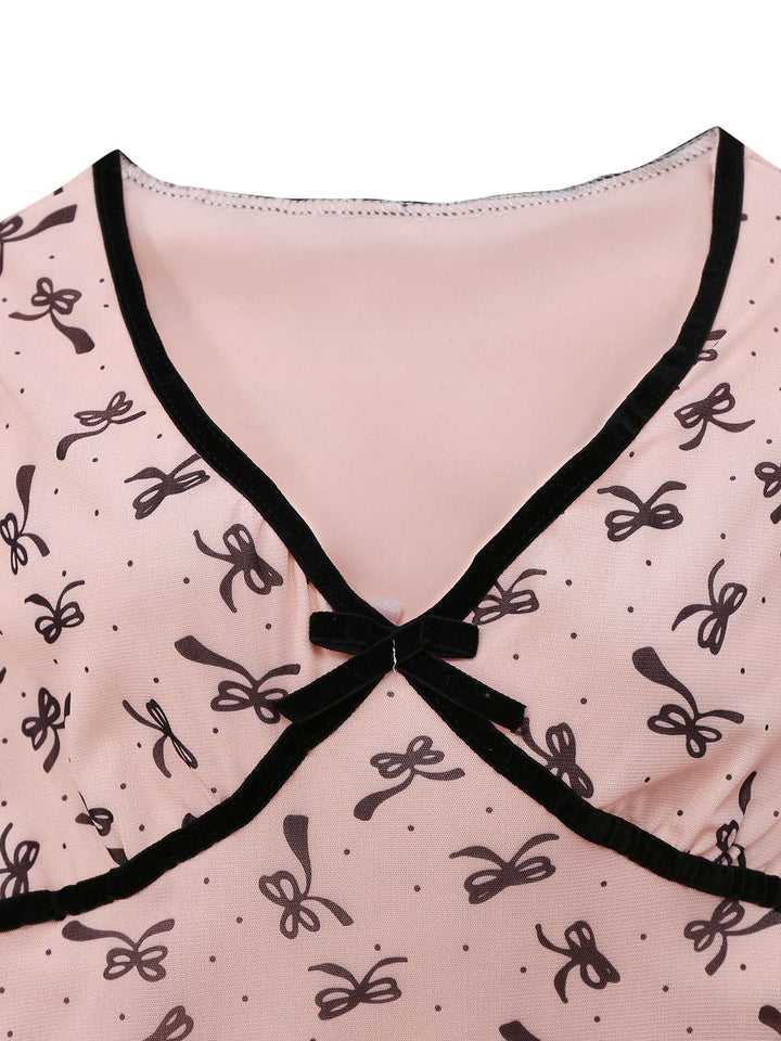 Pink 1960s Bow Print V-Neck Mesh Dress - vintage dress, retro fashion