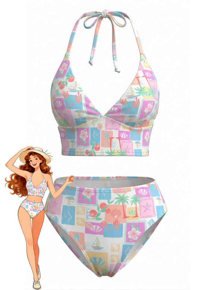 Pink Floral Plaid V-Neck Halter Bikini Set - vintage swimsuit, swimwear for vintage lovers