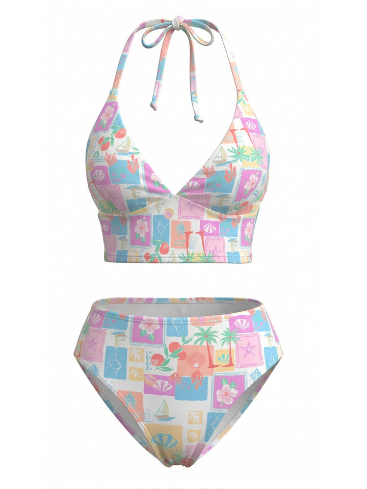 Pink Floral Plaid V-Neck Halter Bikini Set - vintage swimsuit, swimwear for vintage lovers