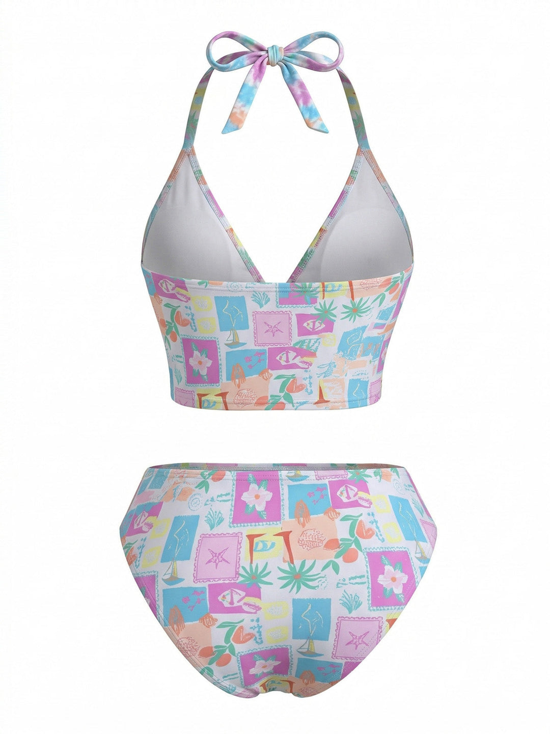 Pink Floral Plaid V-Neck Halter Bikini Set - vintage swimsuit, swimwear for vintage lovers