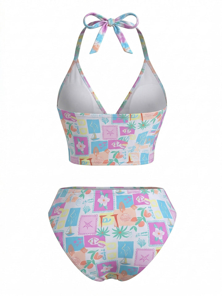 Pink Floral Plaid V-Neck Halter Bikini Set - vintage swimsuit, swimwear for vintage lovers