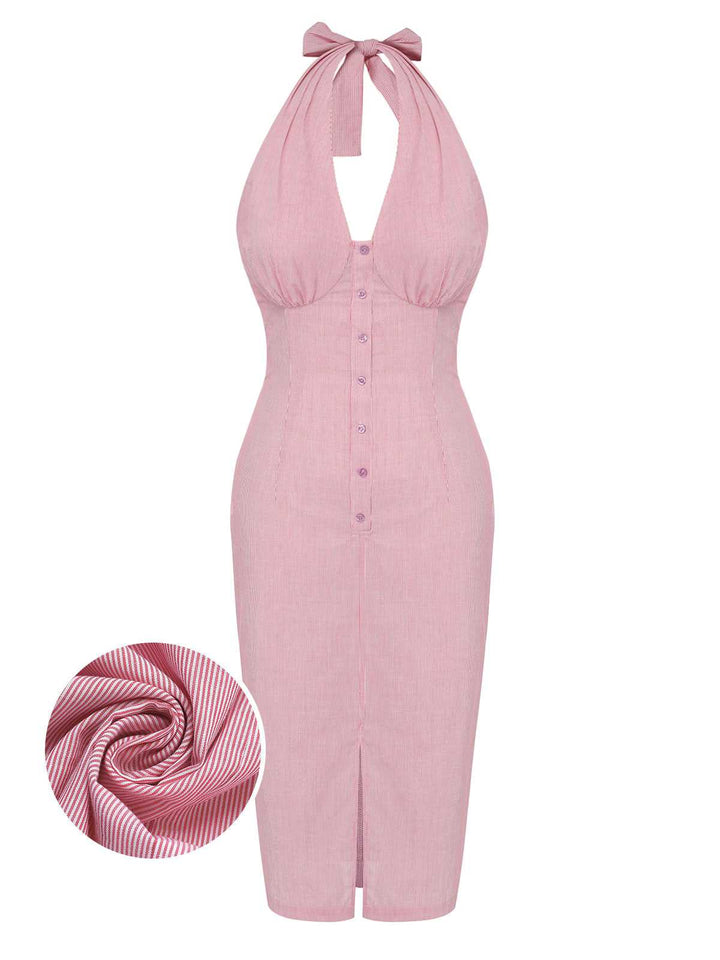 She slips into this Pink 1960s Halter Stripes Slit Dress and suddenly it&