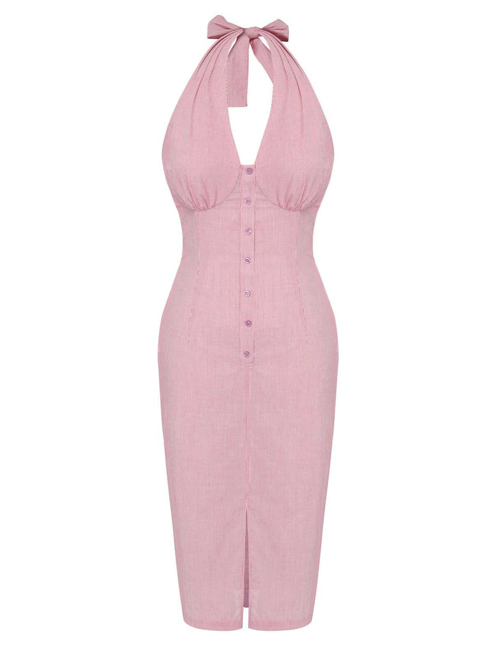 Pink 1960s Halter Stripes Slit Dress: where 1960s romance meets her modern spirit