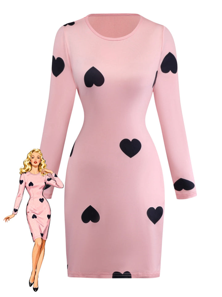 Pink 1960s Heart Round Neck Bodycon Dress - vintage dress, retro fashion
