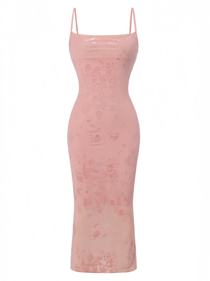 Pink 1960s Jacquard Satin Halter Bodycon Maxi Dress