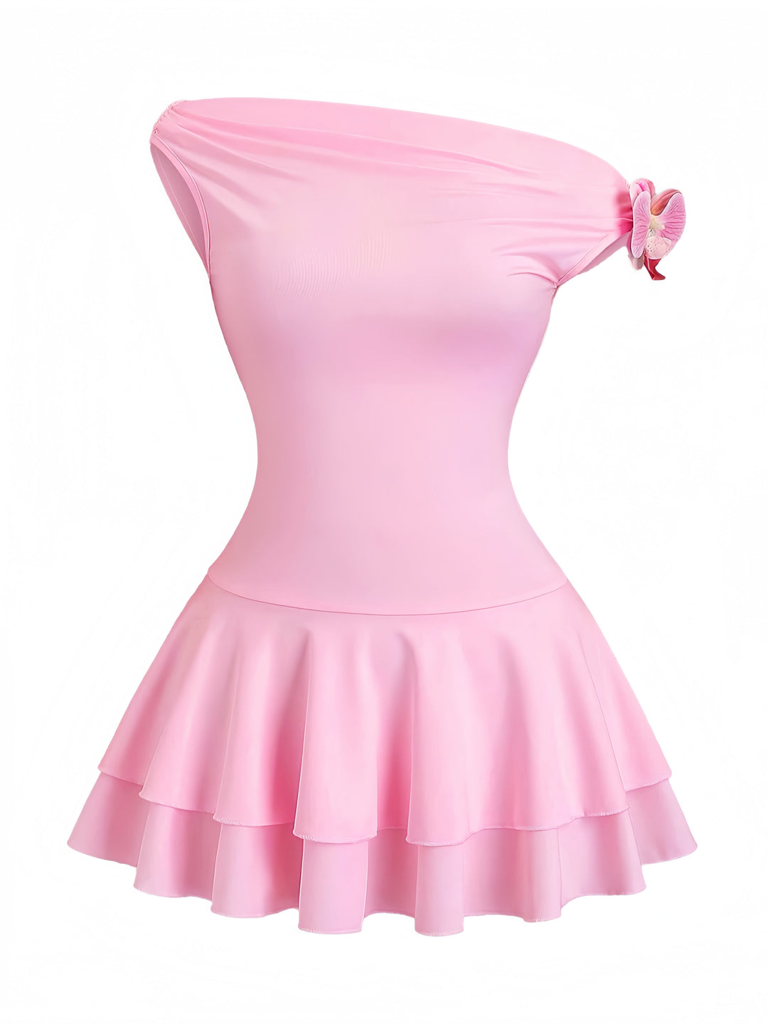 Pink 1960s One-Shoulder 3D Floral Tiered Dress: beautiful vintage dress, retro fashion, elegant style with timeless appeal