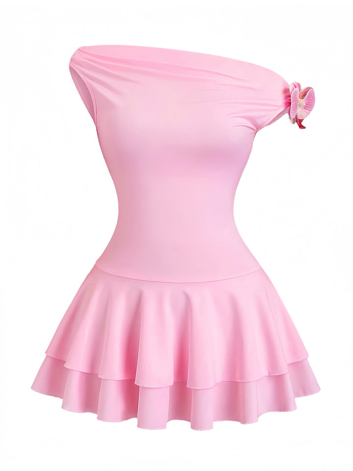 Pink 1960s One-Shoulder 3D Floral Tiered Dress: beautiful vintage dress, retro fashion, elegant style with timeless appeal