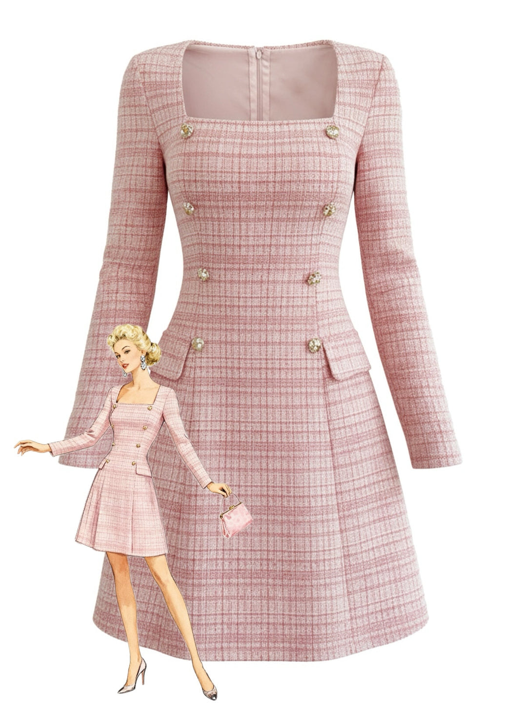 Pink 1960s Plaid Tweed Buttoned Square Neck Dress - vintage dress, retro fashion