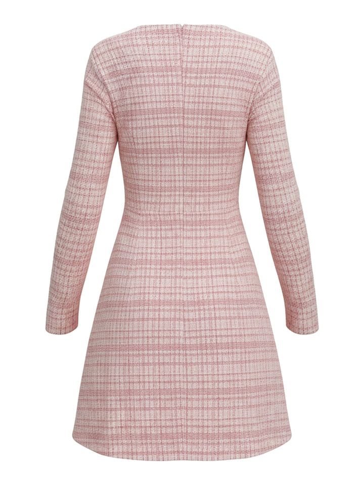Pink 1960s Plaid Tweed Buttoned Square Neck Dress - vintage dress, retro fashion