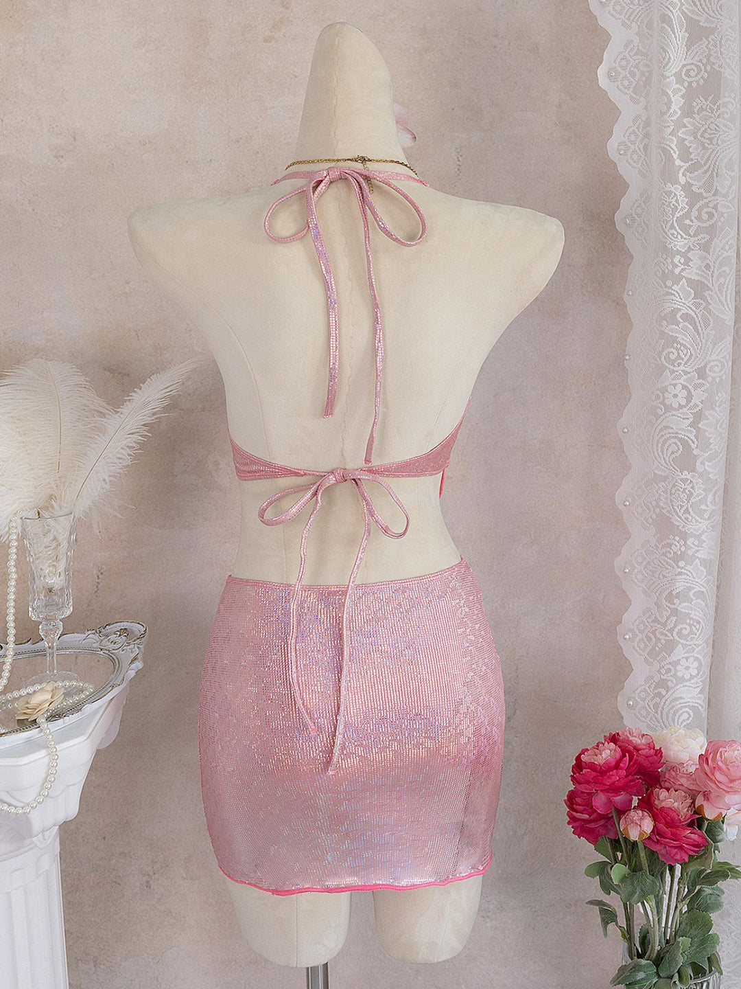 Pink Sequin Metallic Halter Two Piece Skirt Set, vintage skirt, retro style - perfect for women who love vintage and retro fashion