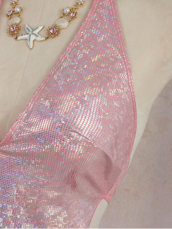 Pink Sequin Metallic Halter Two Piece Skirt Set, vintage skirt, retro style - perfect for women who love vintage and retro fashion