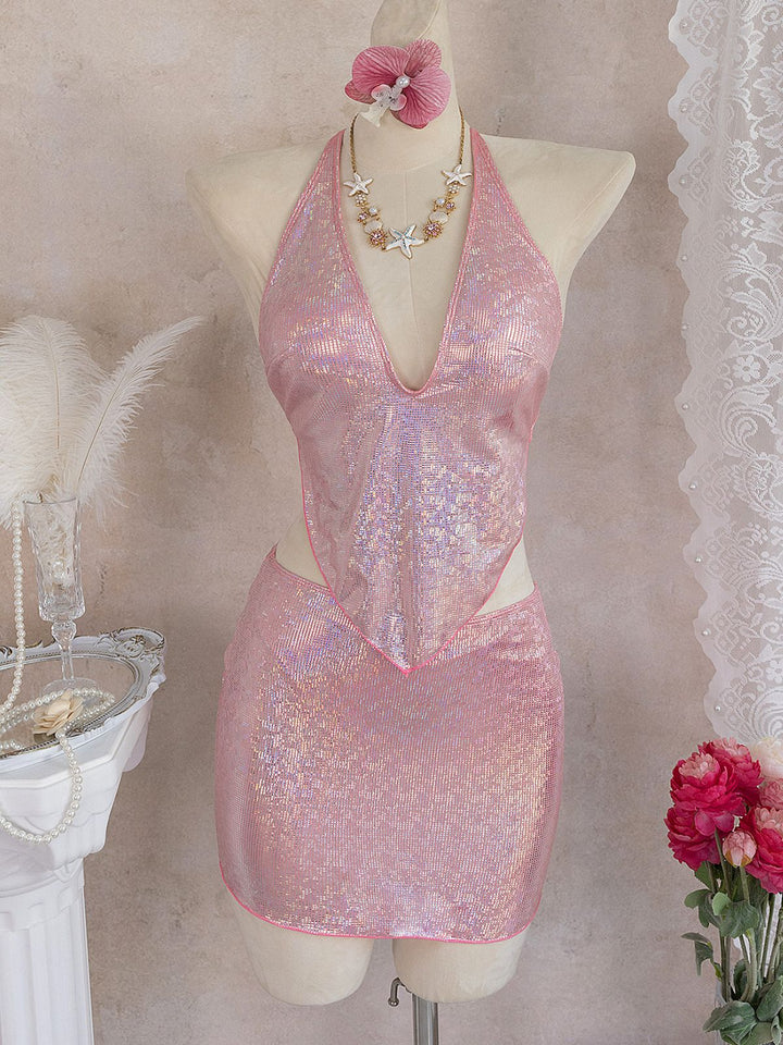 Pink Sequin Metallic Halter Two Piece Skirt Set, vintage skirt, retro style - perfect for women who love vintage and retro fashion