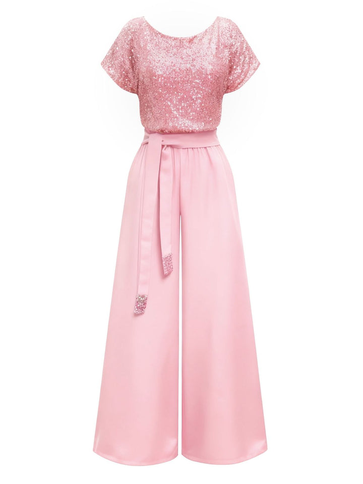 Pink 1960s Sequined Wide-Leg Jumpsuit - vintage jumpsuit, retro fashion