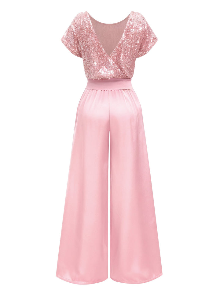 Pink 1960s Sequined Wide-Leg Jumpsuit - vintage jumpsuit, retro fashion