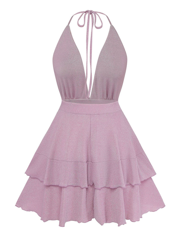 Pink 1960s Solid Glitter Deep V-Neck Mini Dress - vintage dress, retro fashion