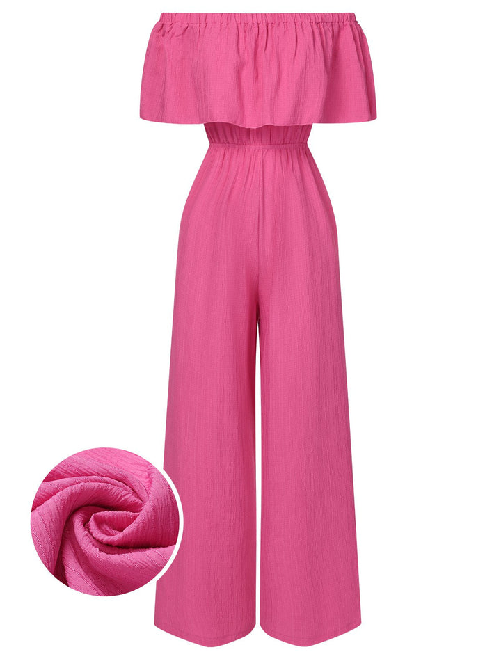 She finds her 1960s story in this Pink 1960s Solid Off-Shoulder Wideleg Jumpsuit