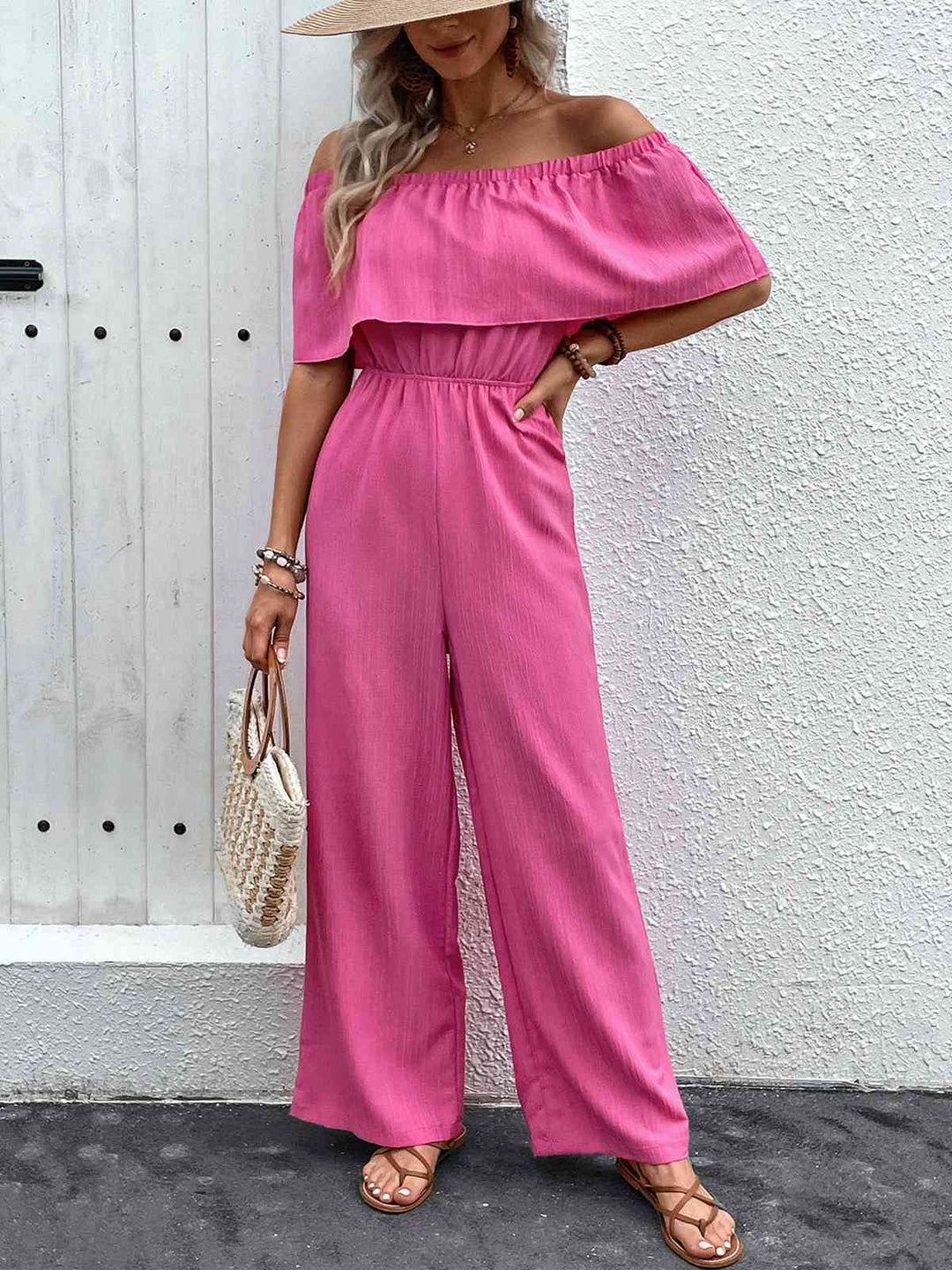 Pink 1960s Solid Off-Shoulder Wideleg Jumpsuit — 1960s vintage charm for her modern wardrobe
