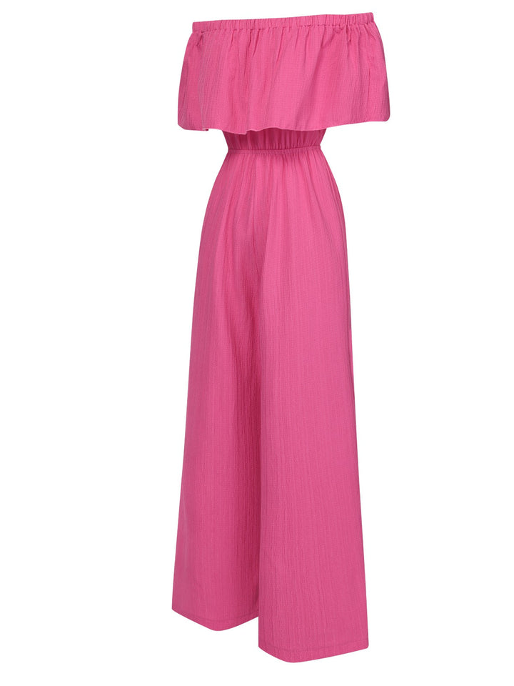 Pink 1960s Solid Off-Shoulder Wideleg Jumpsuit, vintage romper, retro jumpsuit - perfect for women who love vintage and retro fashion