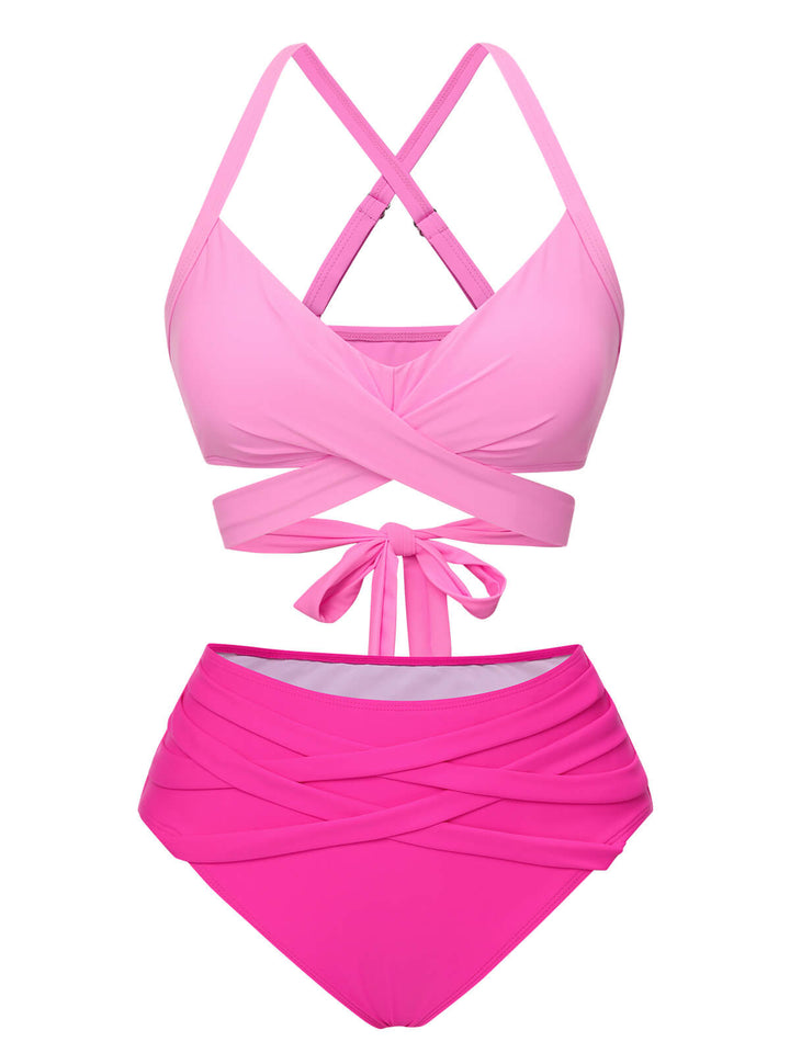 Pink Solid Strap Bandage Bikini Set - vintage fashion, retro style