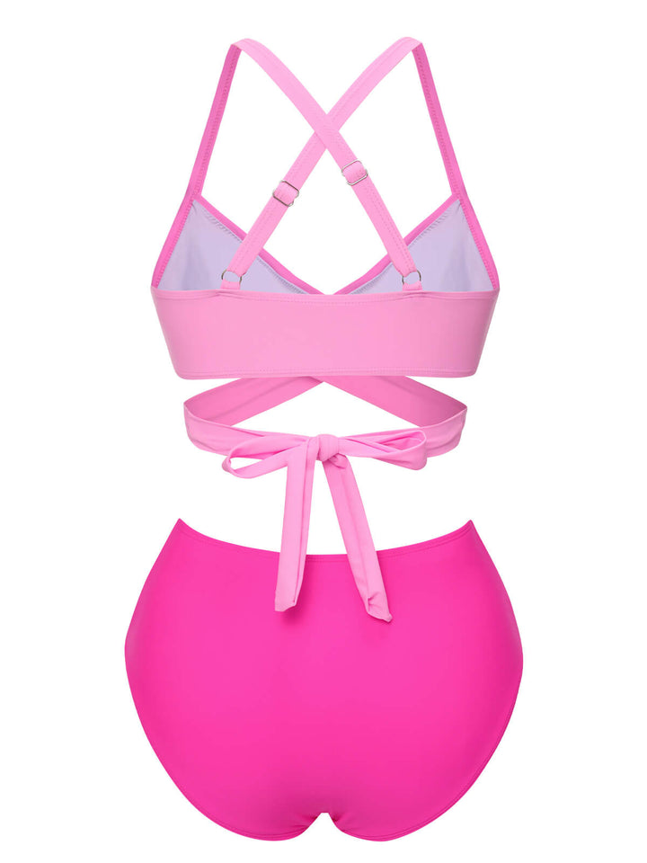 Pink Solid Strap Bandage Bikini Set - vintage fashion, retro style