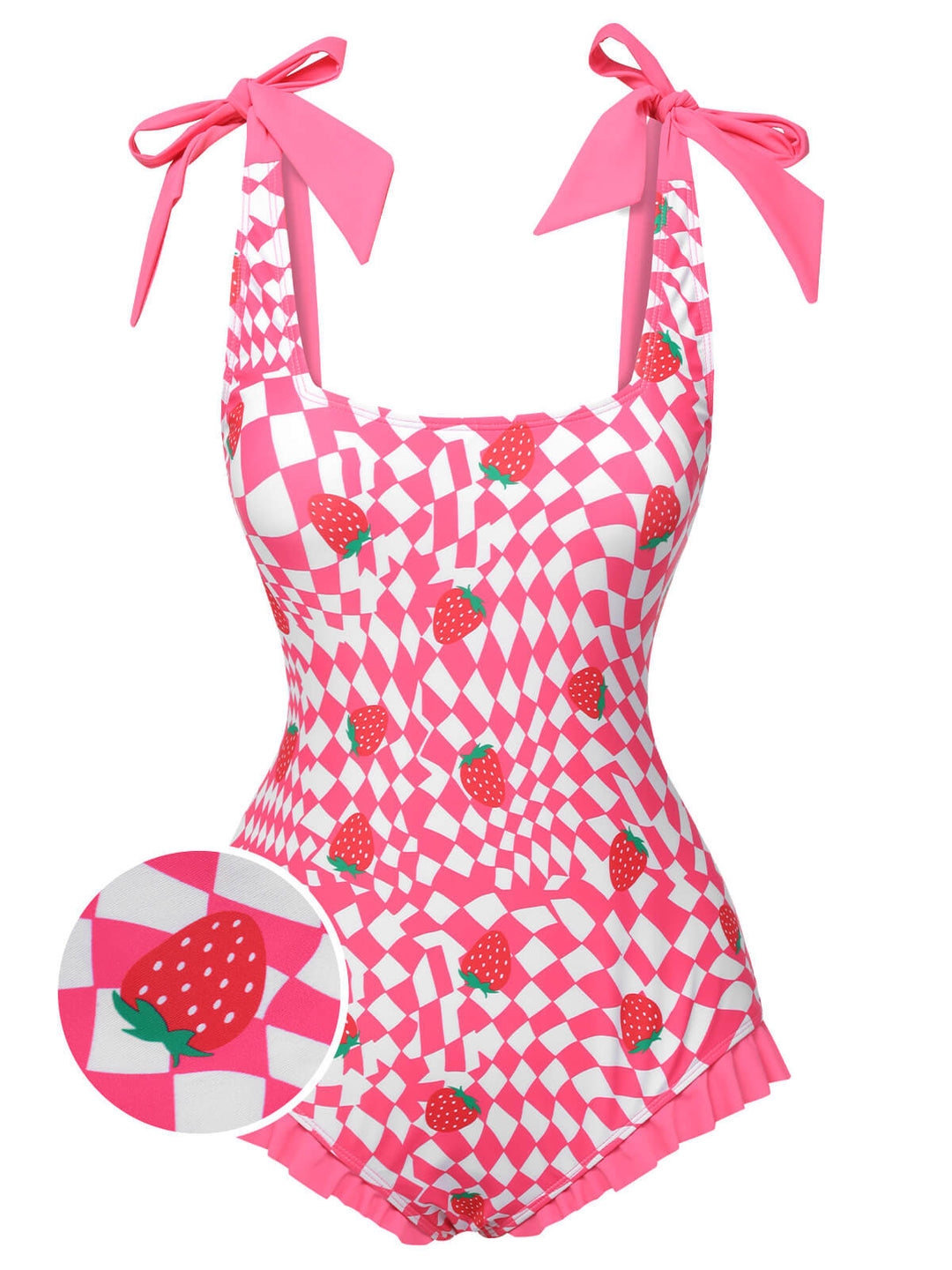 Pink Strawberry Plaid One-Piece Swimsuit, vintage swimsuit, swimwear - perfect for women who love vintage and retro fashion