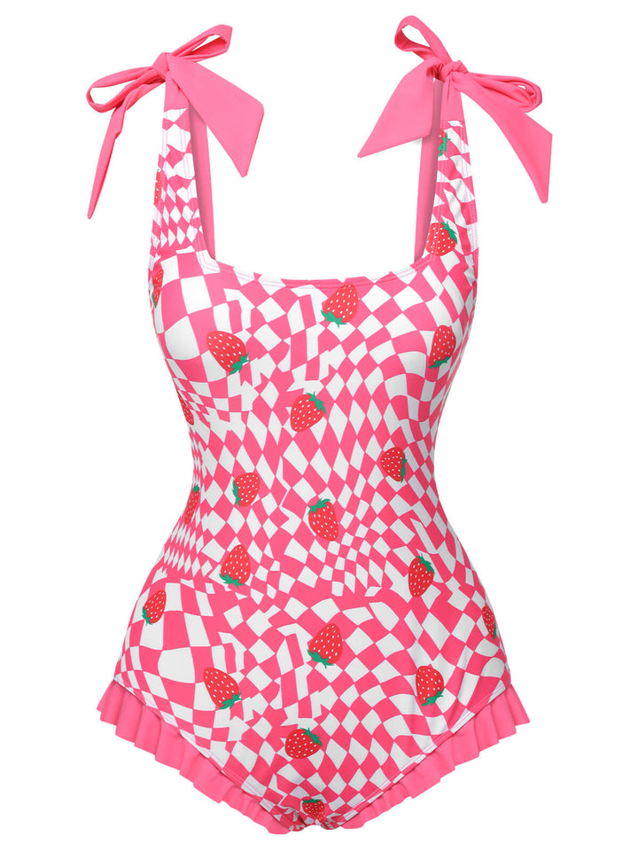 Pink Strawberry Plaid One-Piece Swimsuit, vintage swimsuit, swimwear - perfect for women who love vintage and retro fashion