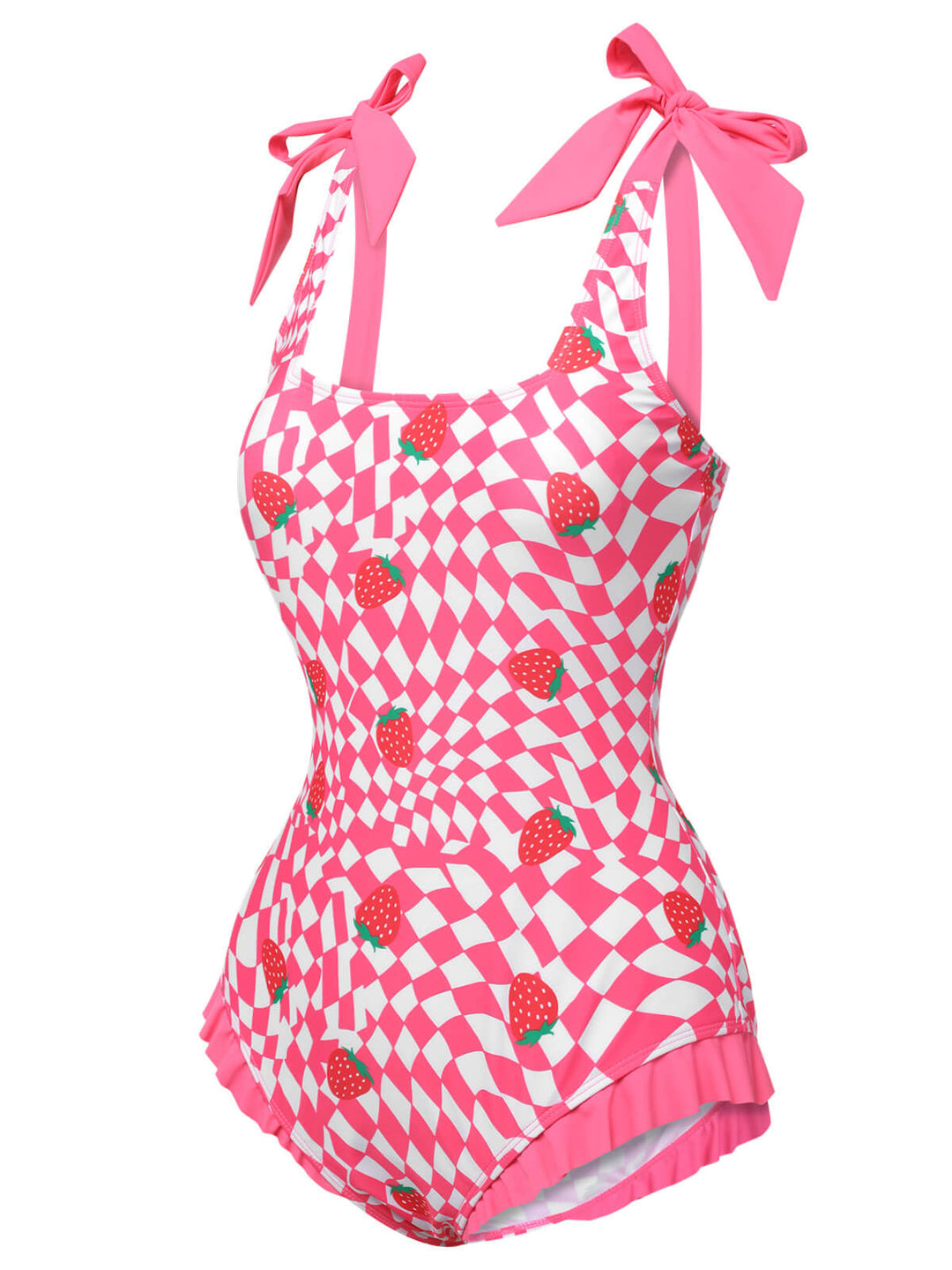 Pink Strawberry Plaid One-Piece Swimsuit, vintage swimsuit, swimwear - perfect for women who love vintage and retro fashion