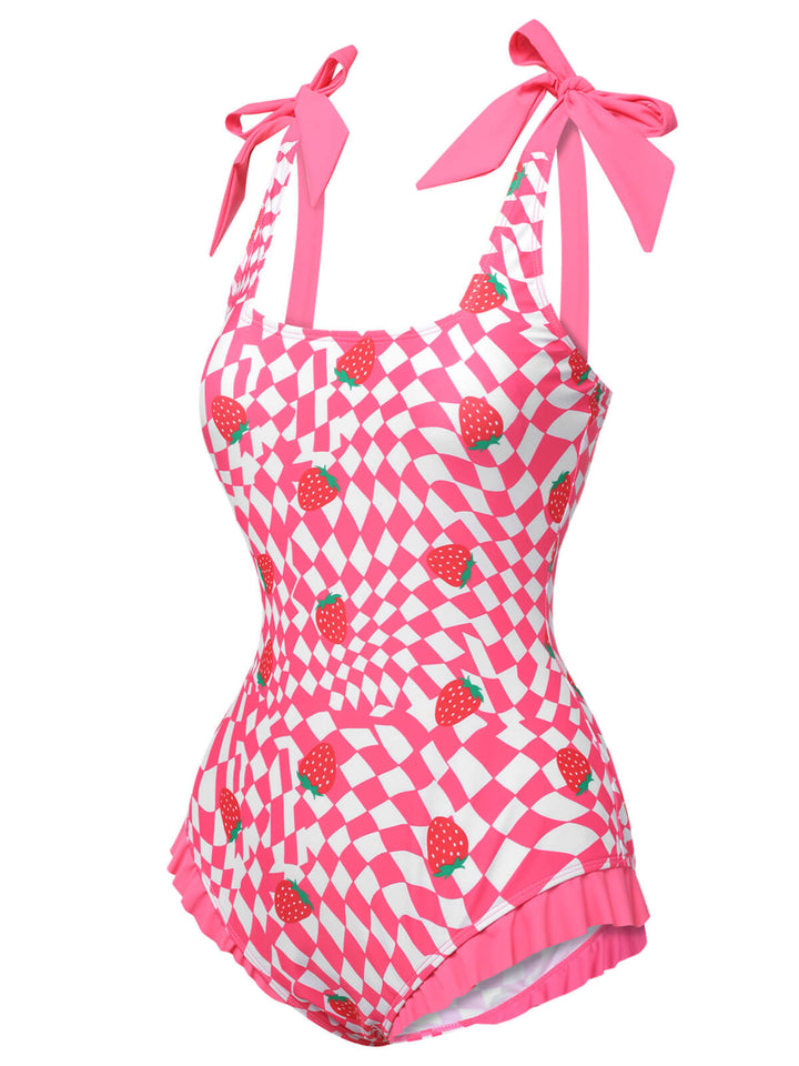Pink Strawberry Plaid One-Piece Swimsuit, vintage swimsuit, swimwear - perfect for women who love vintage and retro fashion
