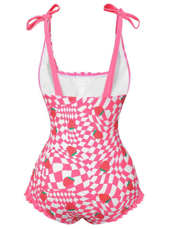 Pink Strawberry Plaid One-Piece Swimsuit, vintage swimsuit, swimwear - perfect for women who love vintage and retro fashion
