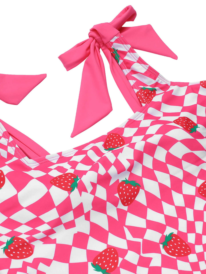 Pink Strawberry Plaid One-Piece Swimsuit, vintage swimsuit, swimwear - perfect for women who love vintage and retro fashion