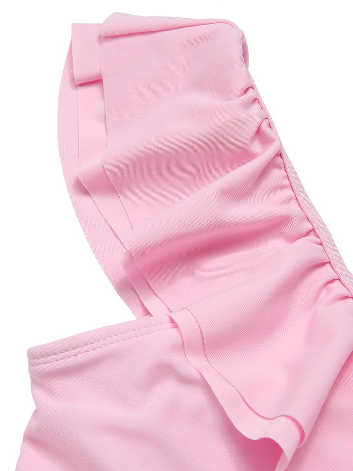 Pink 1960s Tropical Plants Ruffles Swimsuit — because 1960s glamour never goes out of style