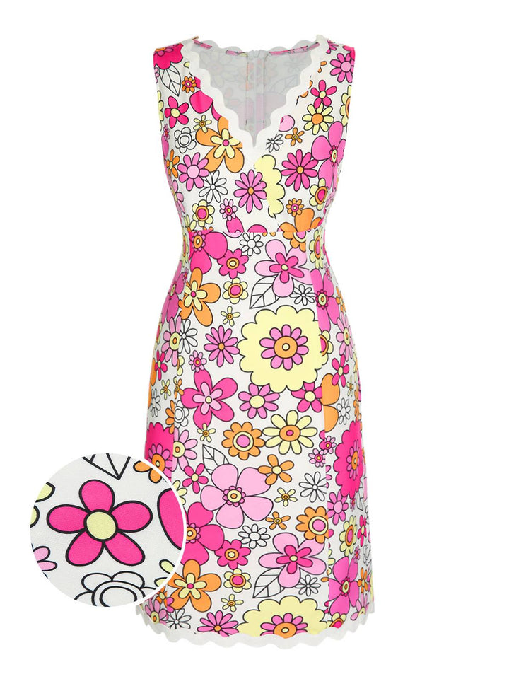She slips into this Pink 1960s V-Neck Cartoon Flowers Pencil Dress and suddenly it&