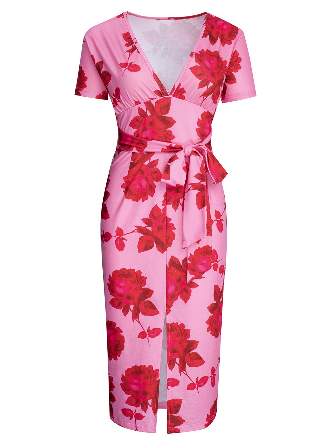 She slips into this Pink 1960s V-Neck Floral Tie Split Dress and suddenly it&