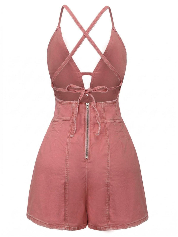 Pink 1960s V-Neck Strap Denim Romper - vintage jumpsuit, retro fashion