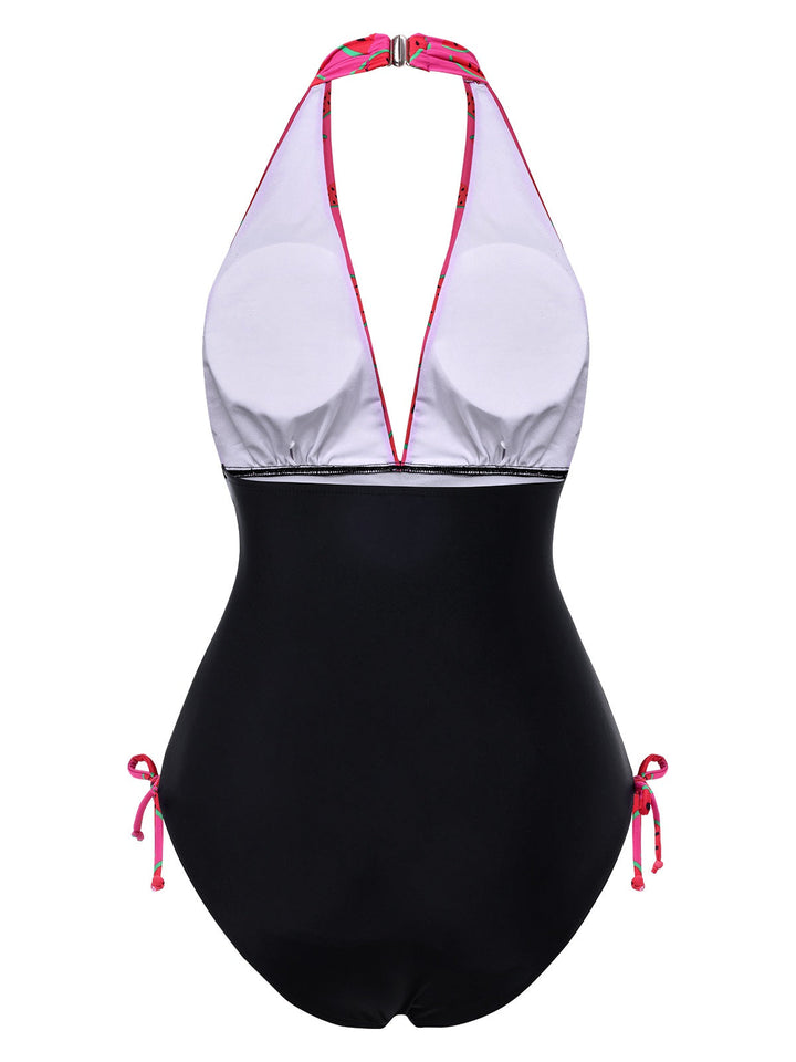 Pink 1960s Watermelon Deep V Halter Swimsuit, vintage swimsuit, pin-up swimwear - perfect for women who love vintage and retro fashion