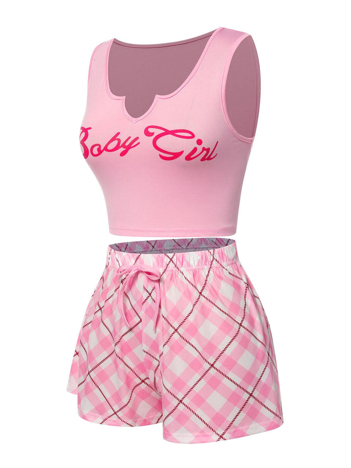 Pink Baby Girl Tank Top &amp; Plaid Shorts Pajamas, vintage top, retro blouse - perfect for women who love vintage and retro fashion