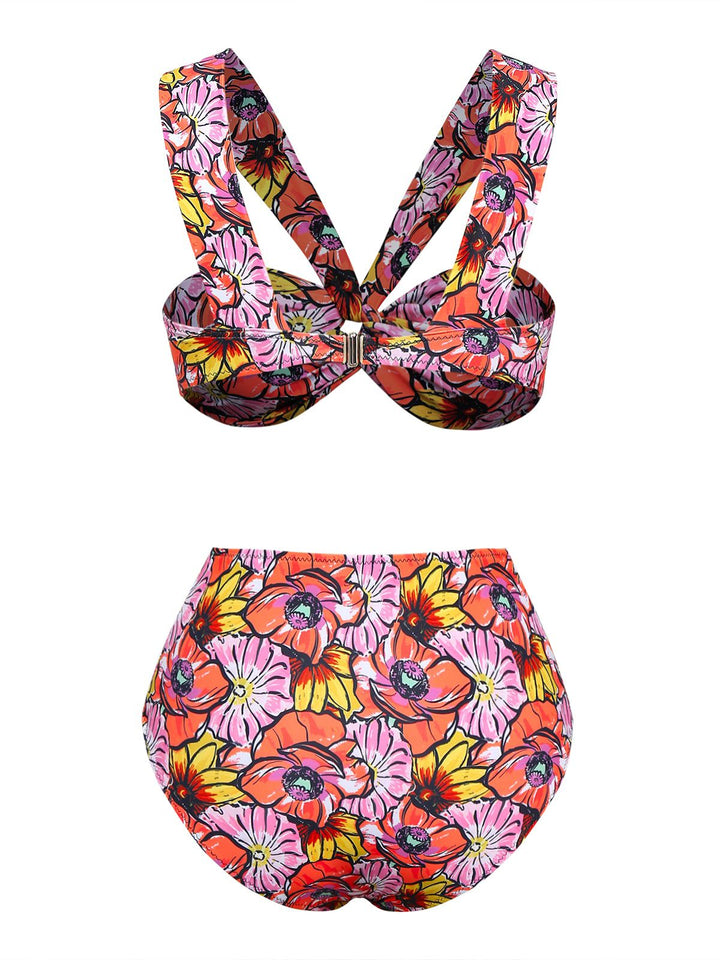 Pink 1970s Boho Floral Cross Neck Swimsuit: 1970s Riviera elegance, reimagined for her
