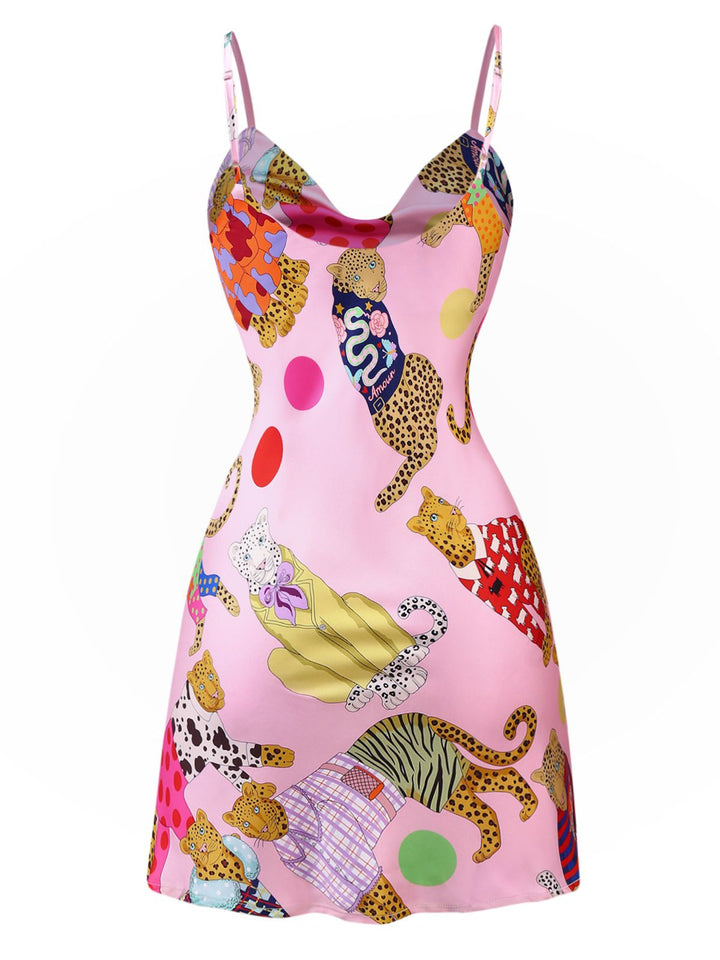 Pink Cheetah Print Satin Slip Nightdress - vintage dress, retro fashion