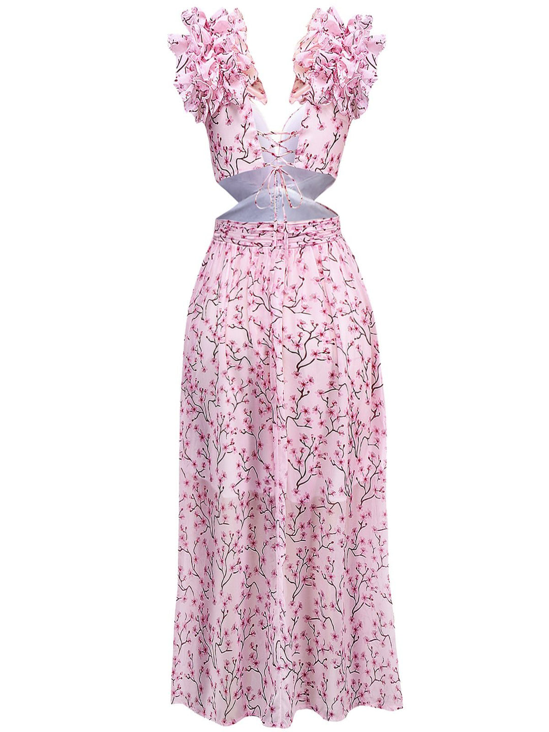 Pink 1970s Deep V-Neck Ruffle Floral Backless Dress - vintage dress, retro fashion