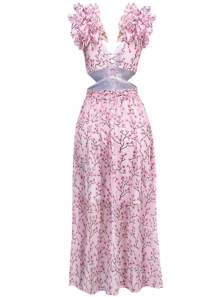 Pink 1970s Deep V-Neck Ruffle Floral Backless Dress - vintage dress, retro fashion