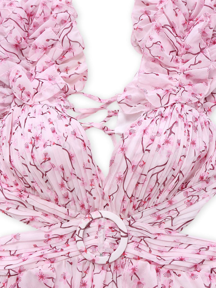 Pink 1970s Deep V-Neck Ruffle Floral Backless Dress - vintage dress, retro fashion