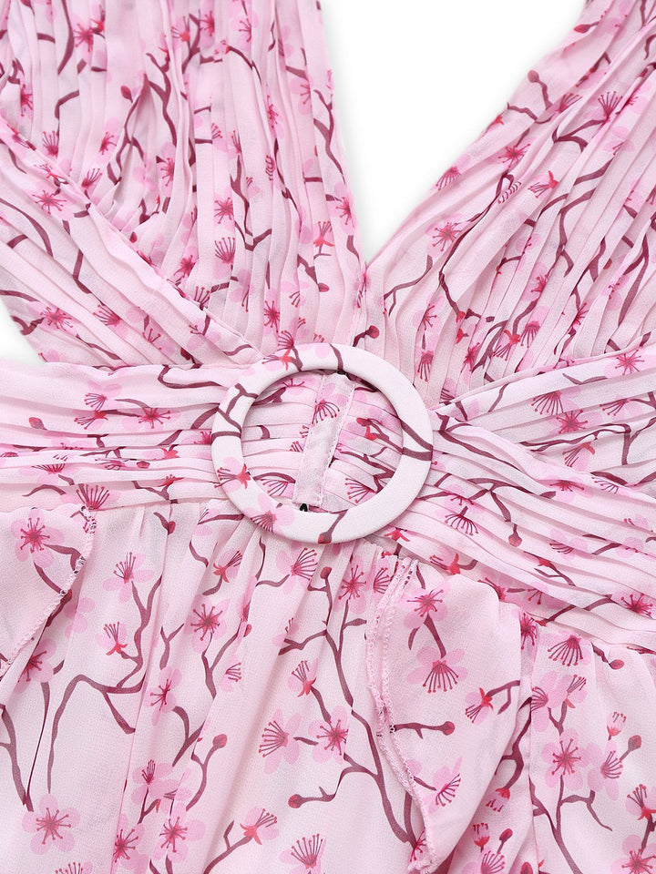Pink 1970s Deep V-Neck Ruffle Floral Backless Dress - vintage dress, retro fashion