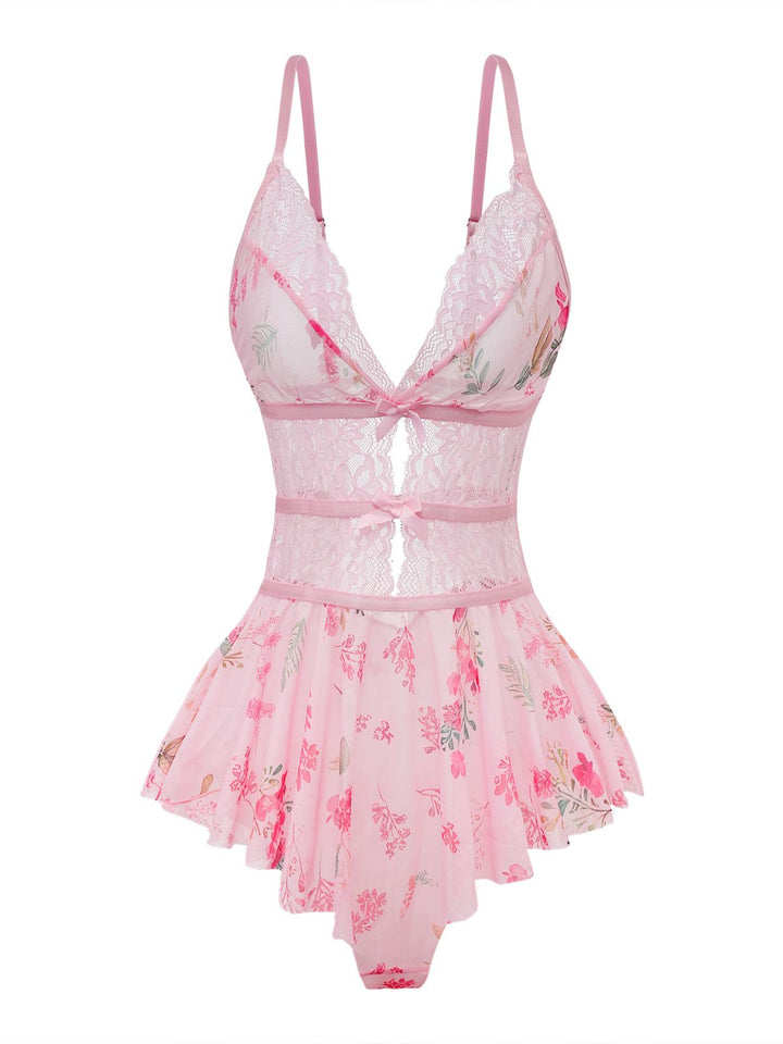Pink Floral Lace Sheer Nightgown - vintage nightgown, retro sleepwear