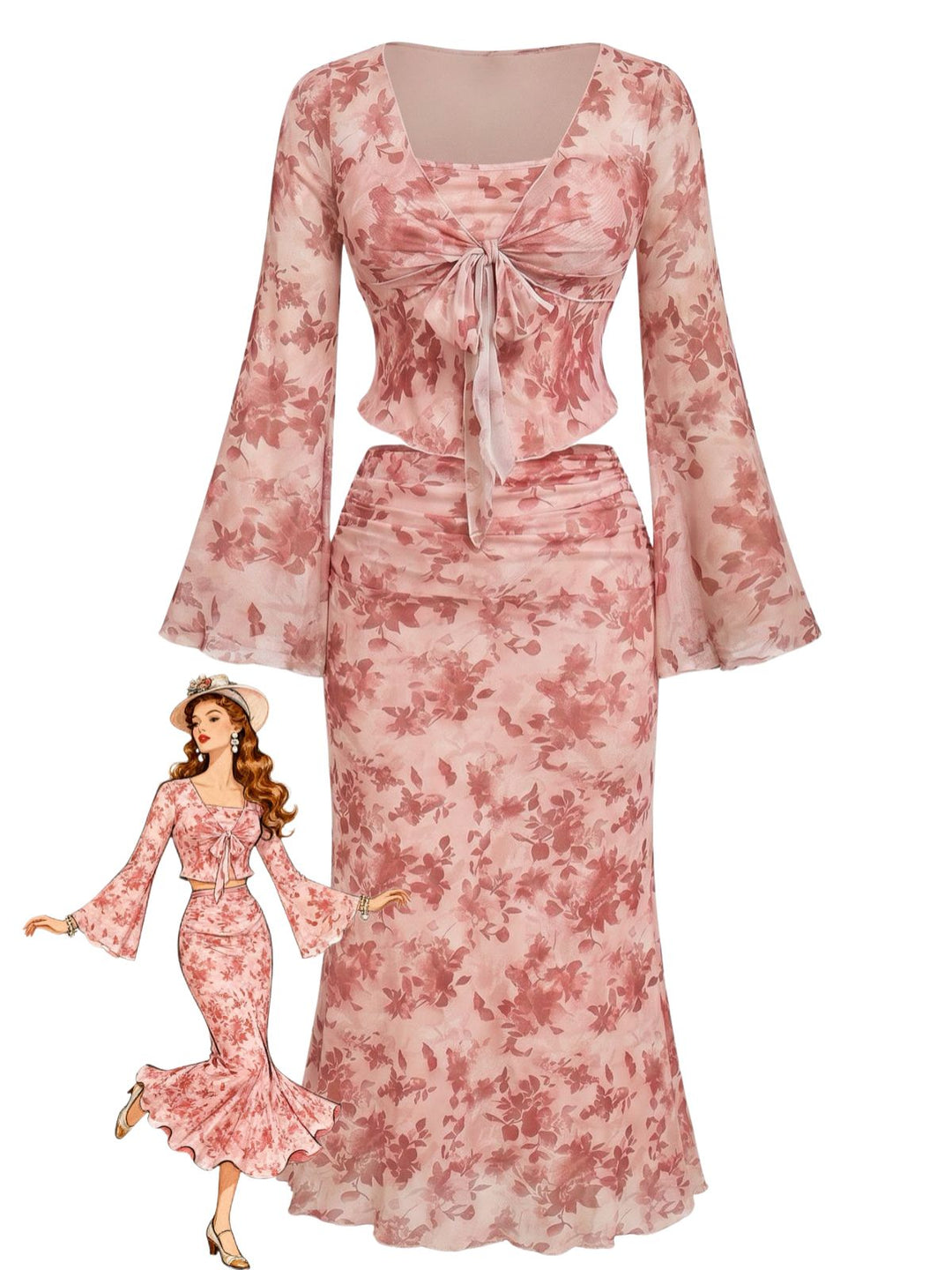 Pink 1930s Floral Square Neck Bell Sleeve 2PCS, vintage fashion, style - perfect for women who love vintage and fashion