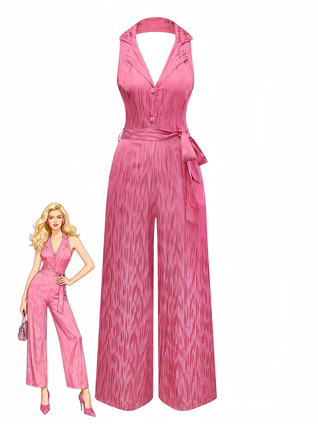 Pink 1970s Halter Lapel Satin Jumpsuit - vintage jumpsuit, retro fashion